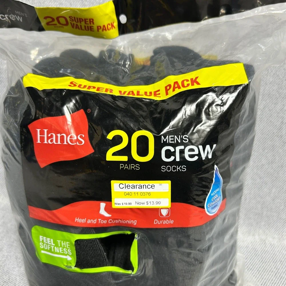 Hanes Men Crew Socks 20 Pairs Size 6-12 Black Moisture Wicking Cushioned New